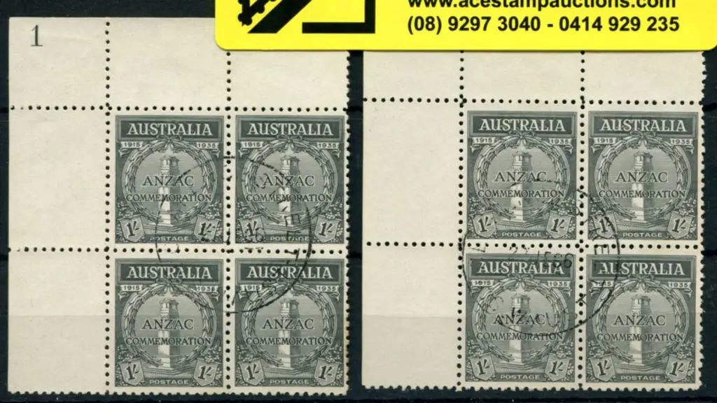 1935 1/- Anzac in plate 1 & plate 2 corner blocks. ... Image 1++