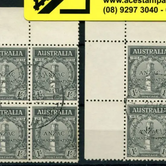 1935 1/- Anzac in plate 1 & plate 2 corner blocks. ...