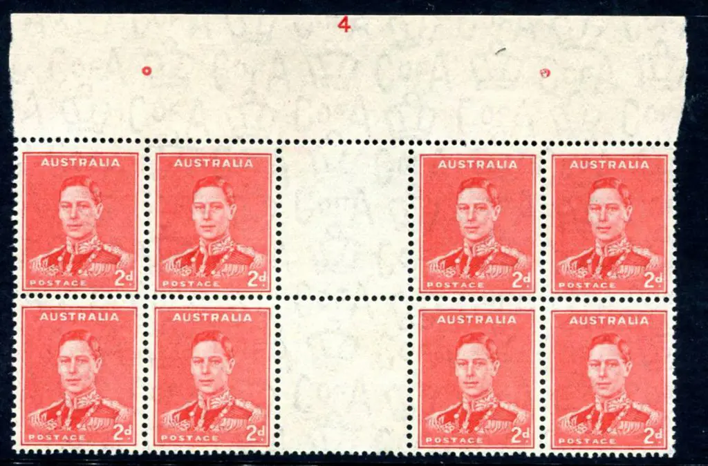 1938 2d scarlet KGVI Plate 4 block of 8 with clear ... Image 1++