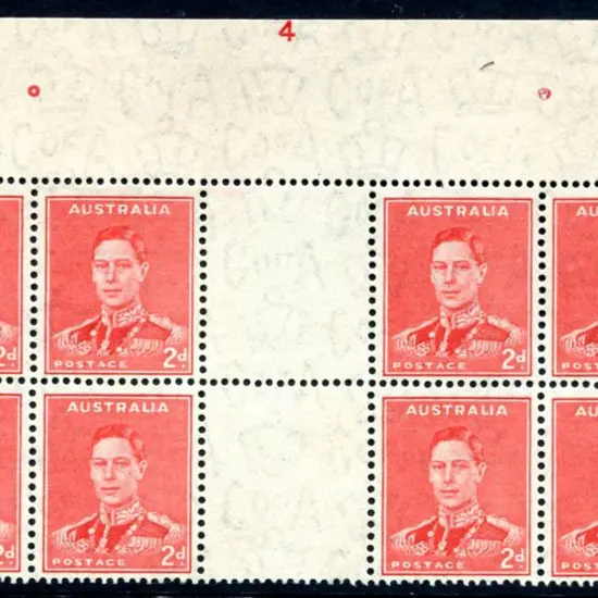 1938 2d scarlet KGVI Plate 4 block of 8 with clear ...
