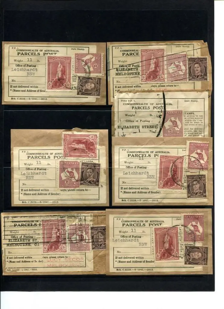 1941 Parcels Post labels on piece x 7 all with 2/- ... Image 1++