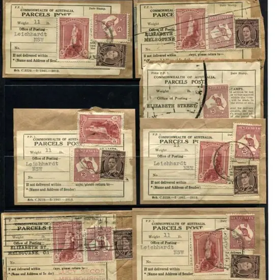 1941 Parcels Post labels on piece x 7 all with 2/- ...