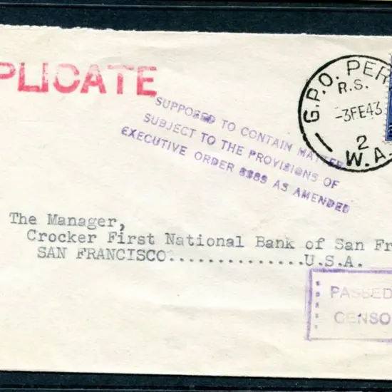 1943 (3rd Feb) Australia to USA Censored Cover ...