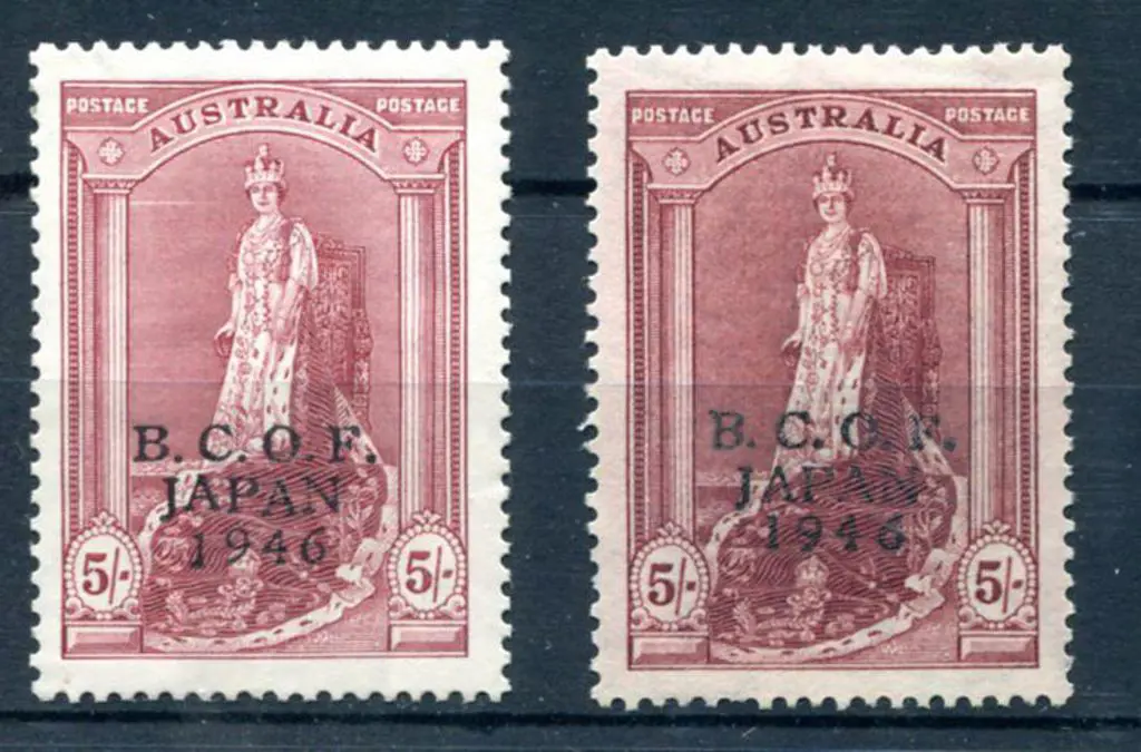 1946 BCOF 5/- Robes on both thick (MUH) & thin ... Image 1++
