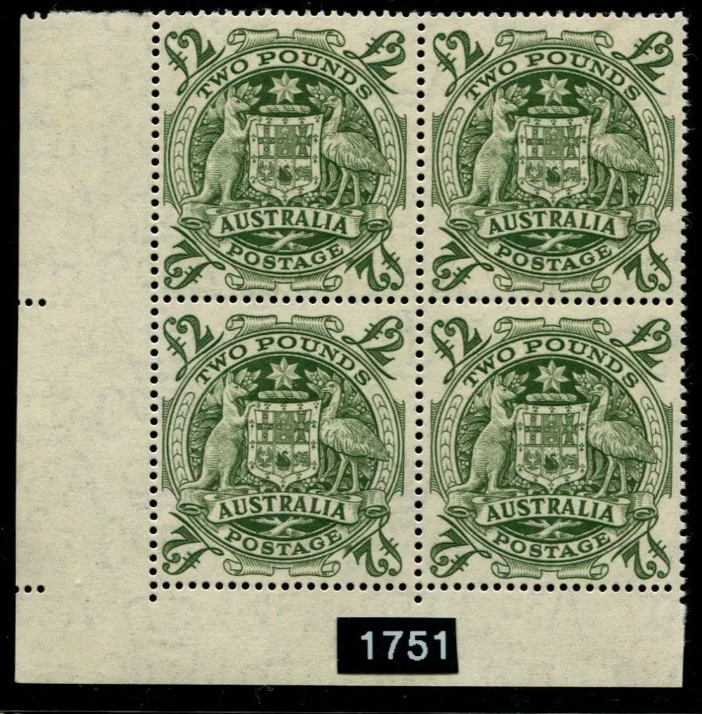1949/50 £2 Arms no imprint corner block of 4 with ... Image 1++