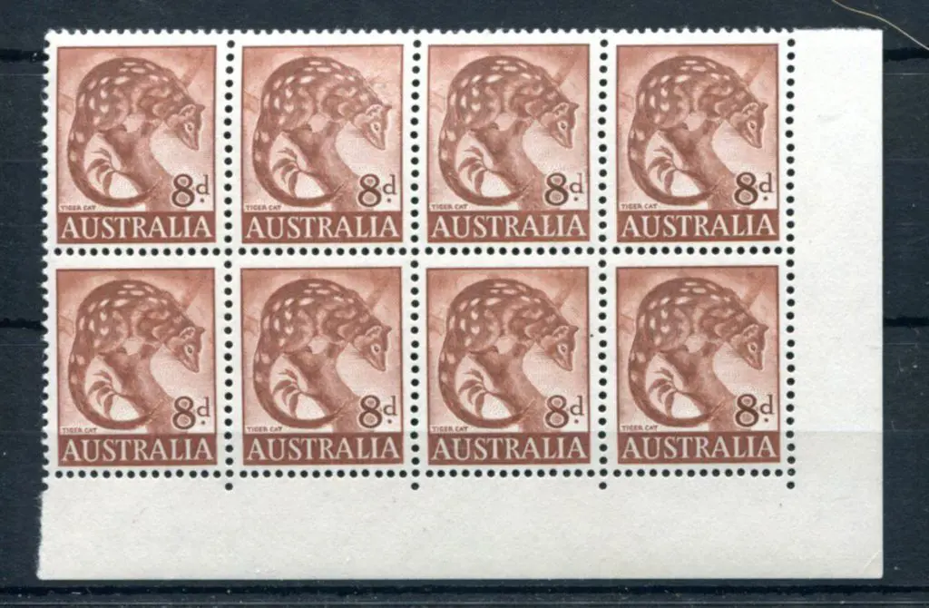 1960 8d Tiger Cat lower right corner block of 8 ... Image 1++