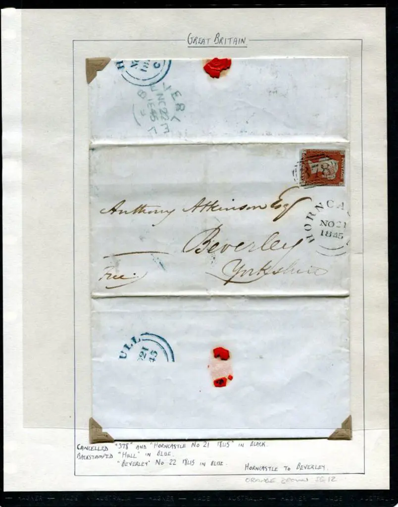 1845 (21st Nov) 1d orange-brown tied to entire by ... Image 1++