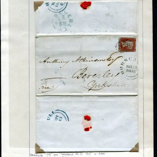1845 (21st Nov) 1d orange-brown tied to entire by ...