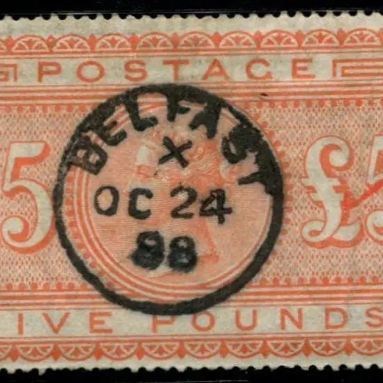 1867/83 £5 orange with clear & bold Belfast cds ...