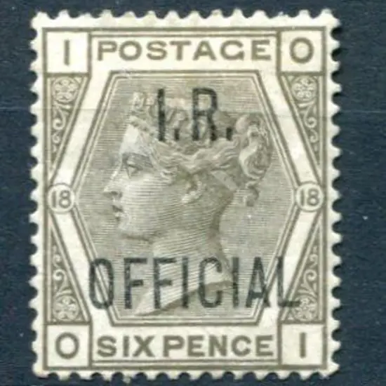 1880/81 6d grey, plate 18 ovptd "I.R. Official". ...