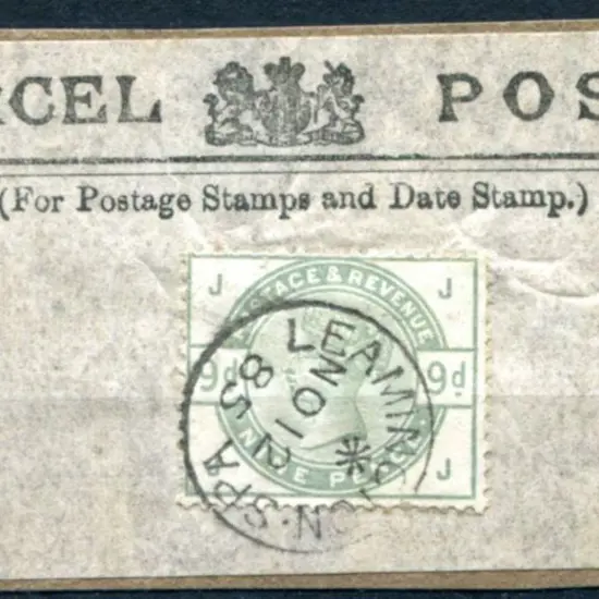 1883/84 9d dull green QV on "Parcel Post" label on ...