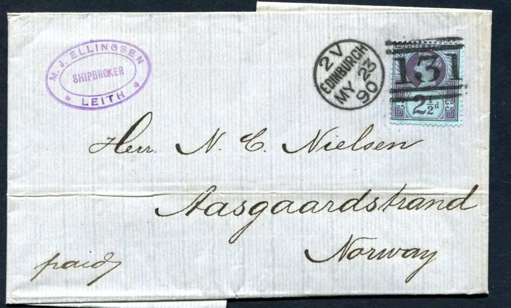 1890 (23rd May) 2½ QV tied to Norway addressed ... Image 1++