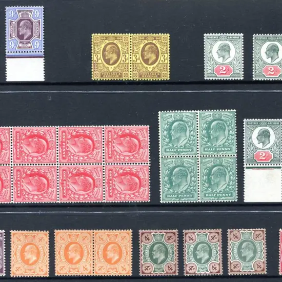 1902/10 ½d green block of 4, 1d scarlet block of ...