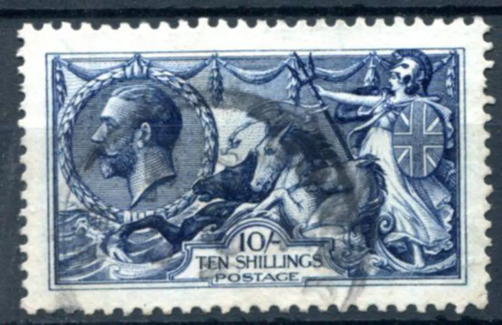 1913 10/- indigo blue Seahorse by Waterlow. Good ... Image 1++