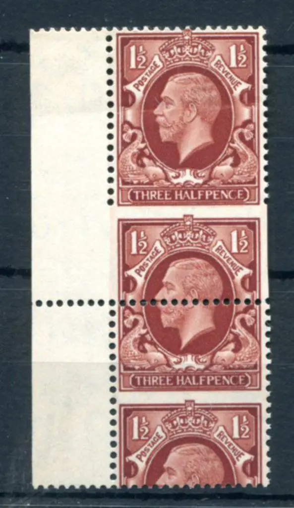 1934 1½d red brown KGV vertical strip with gross ... Image 1++