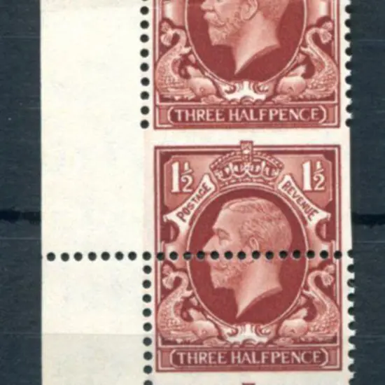 1934 1½d red brown KGV vertical strip with gross ...