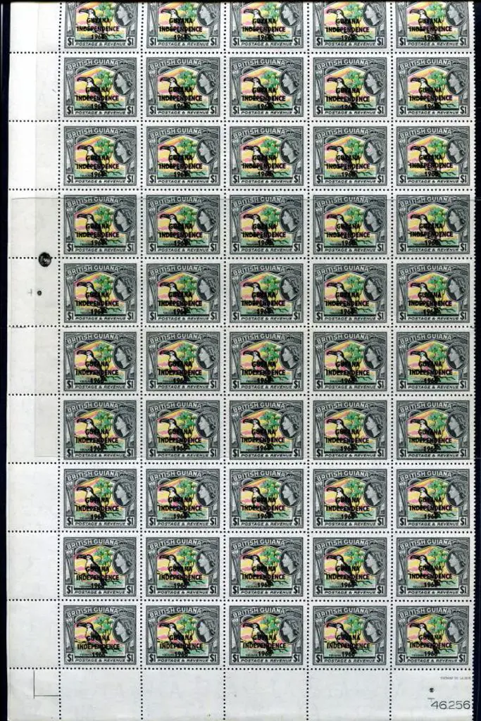 Guyana 1966/67 $1 Bird ovpts in part sheet of 50. ... Image 1++