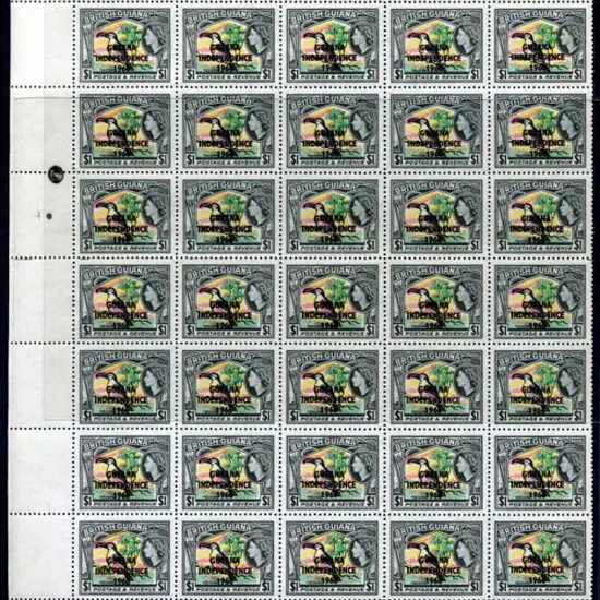 Guyana 1966/67 $1 Bird ovpts in part sheet of 50. ...