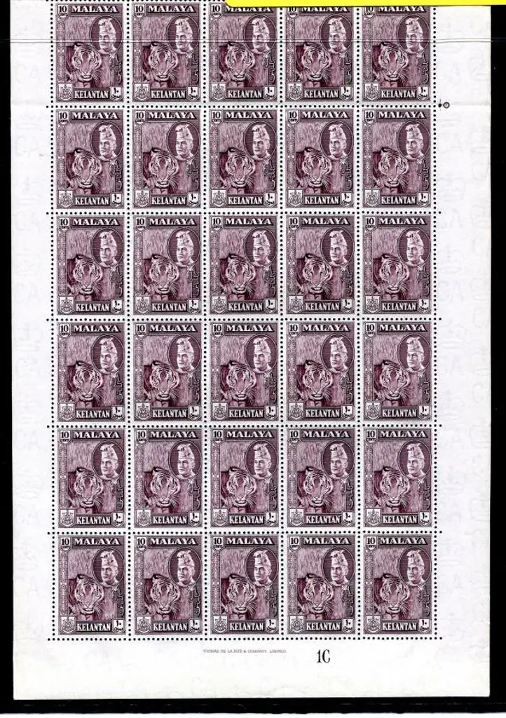 Malaya - Kelantan 1963 10c maroon Tiger part sheet ... Image 1++