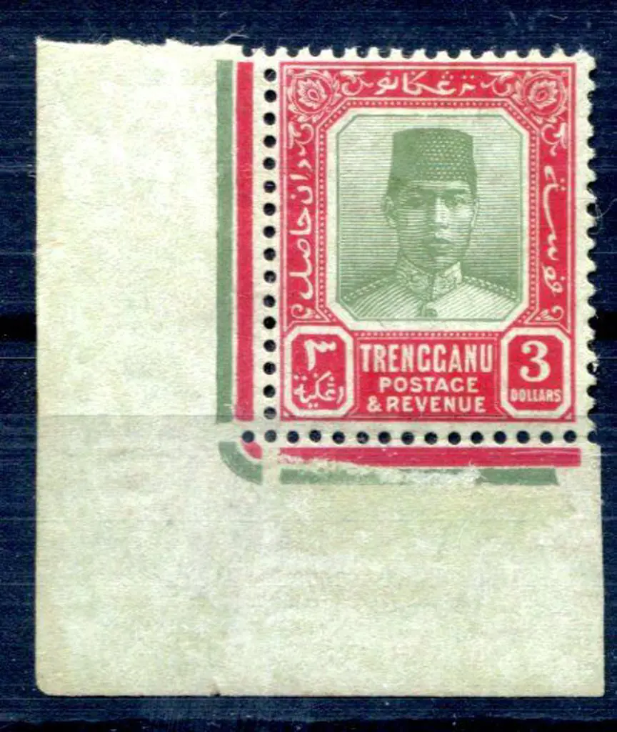 Malaysia-Trengganu 1921/41 $3 green & red on ... Image 1++