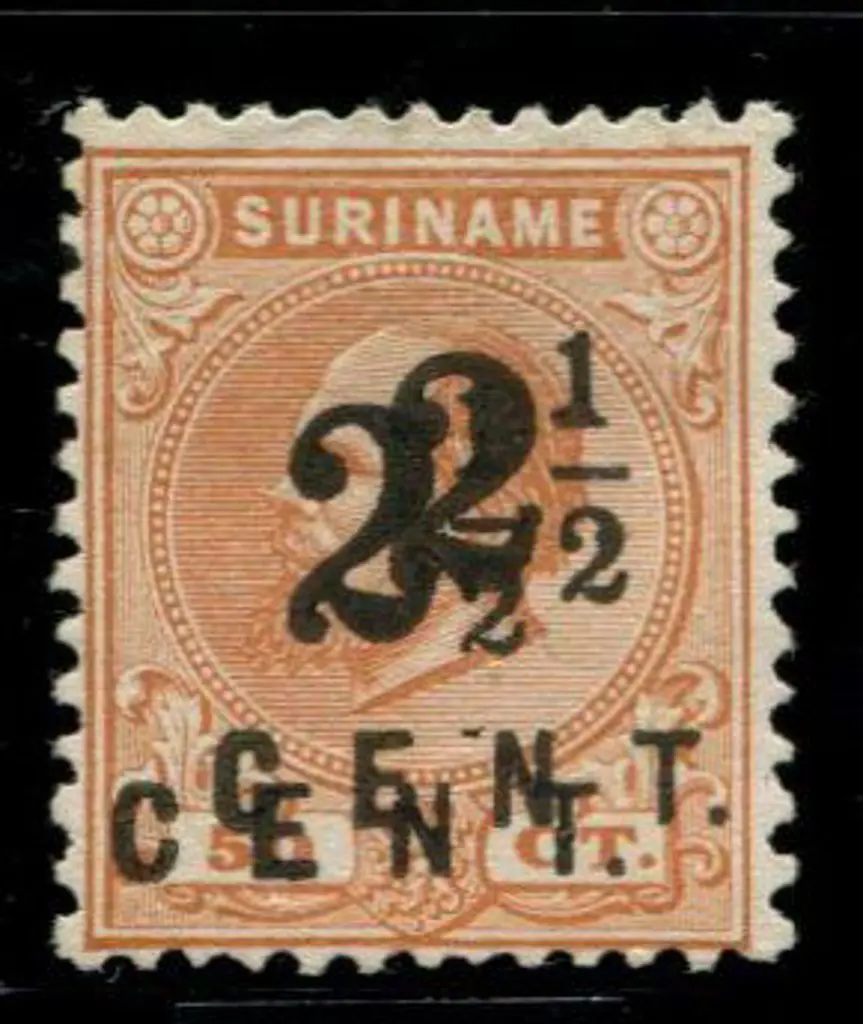 Suriname 1873 2½¢ on 50¢, perf. 12½x12 with ... Image 1++