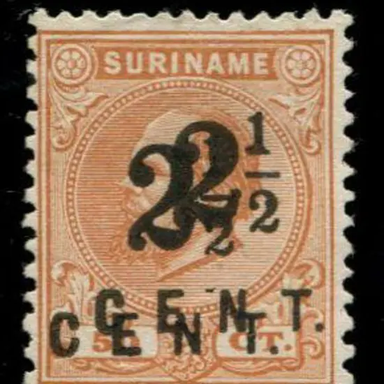 Suriname 1873 2½¢ on 50¢, perf. 12½x12 with ...