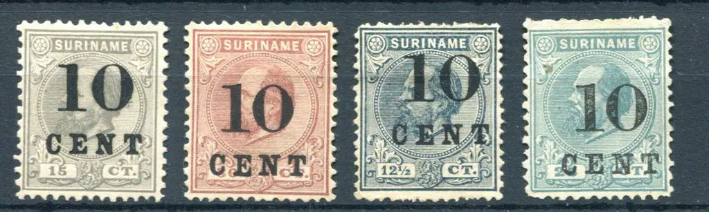 Suriname 1898 10¢ surcharges on 12½, 15¢, 25¢ & ... Image 1++