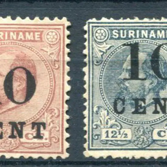 Suriname 1898 10¢ surcharges on 12½, 15¢, 25¢ & ...