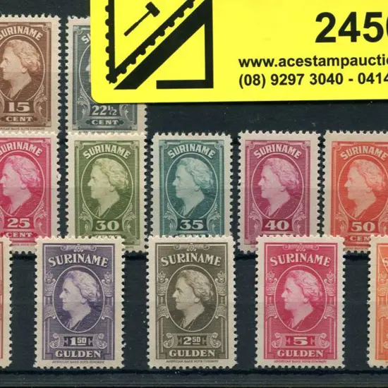 Suriname 1945 10¢ to 10g Queen Wilhelmina vertical ...