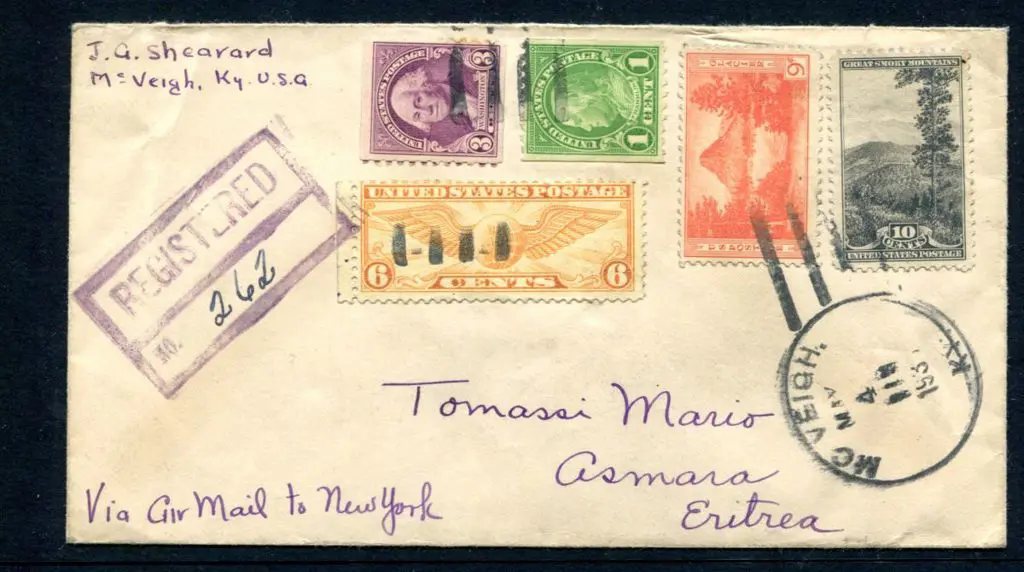 USA 1936 (4th May) Reg'd Airmail cover to Eritrea ... Image 1++