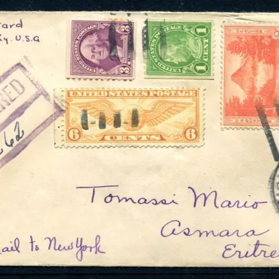 USA 1936 (4th May) Reg'd Airmail cover to Eritrea ...