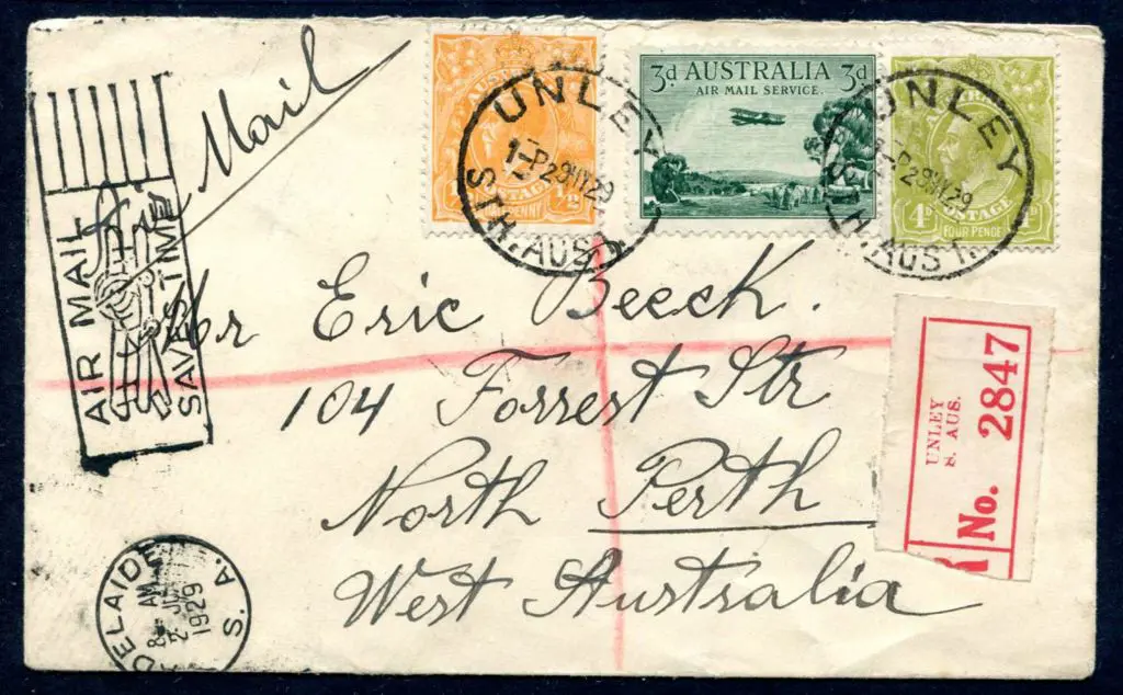 1929 (29th May) Adelaide to Perth registered Unley ... Image 1++