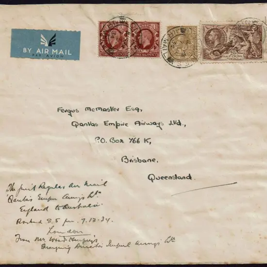 1934 (7th Dec) England to Australia cover front ...