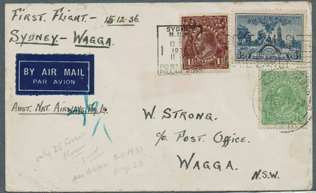 1936 (24th Dec) Sydney to Wagga by ANA Ltd. ½d & ... Image 1++