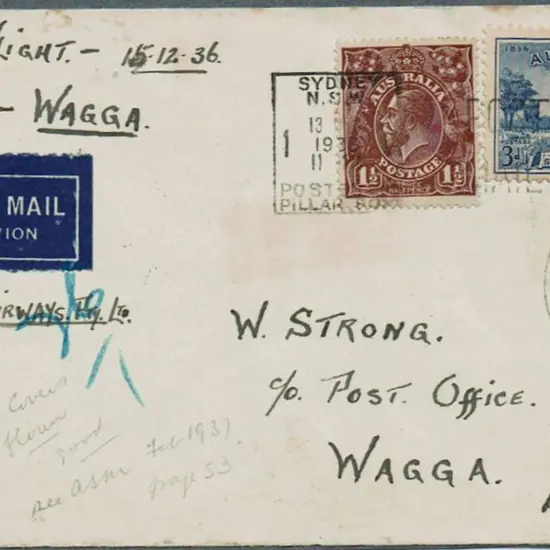 1936 (24th Dec) Sydney to Wagga by ANA Ltd. ½d & ...