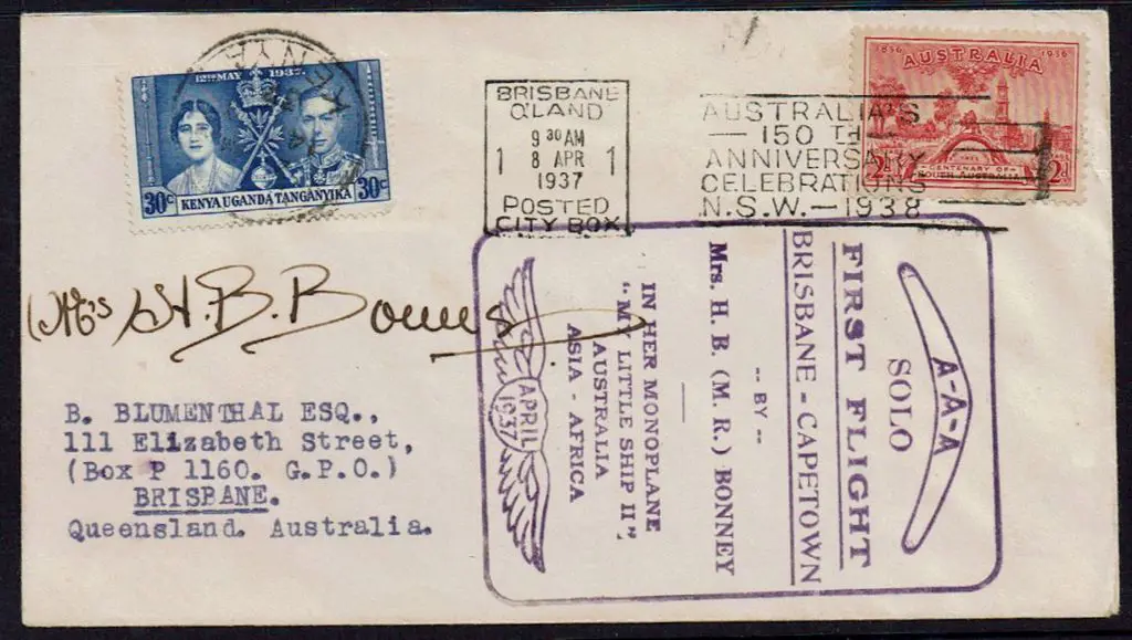 1937 (9th Apr) Brisbane to Cape Town First Solo ... Image 1++