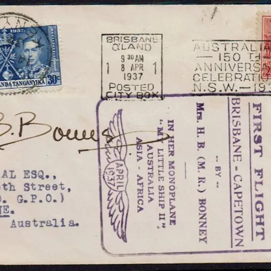 1937 (9th Apr) Brisbane to Cape Town First Solo ...