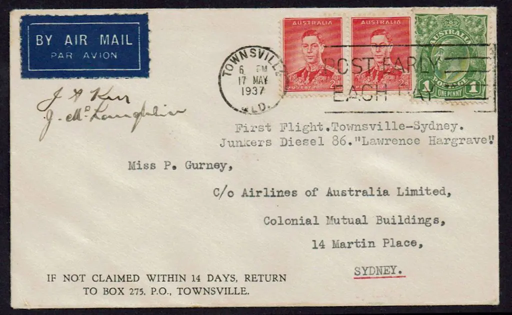 1937 (17th May) Townsville to Sydney as above & ... Image 1++