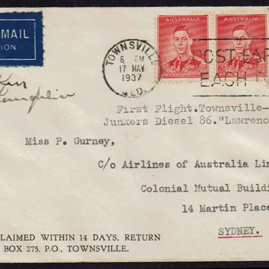 1937 (17th May) Townsville to Sydney as above & ...