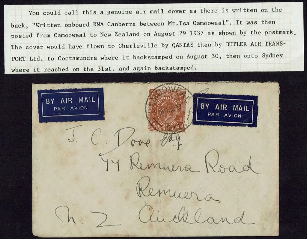 1937 (29th Aug) Camooweal, Qld to Auckland bearing ... Image 1++