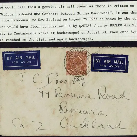1937 (29th Aug) Camooweal, Qld to Auckland bearing ...