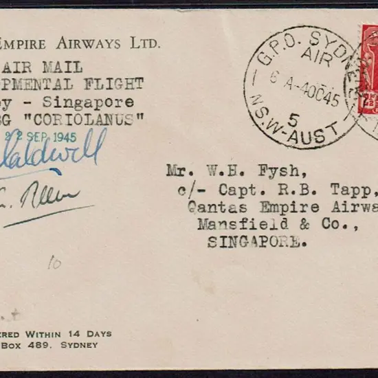 1945 (4th Oct) Australia to Singapore Qantas ...