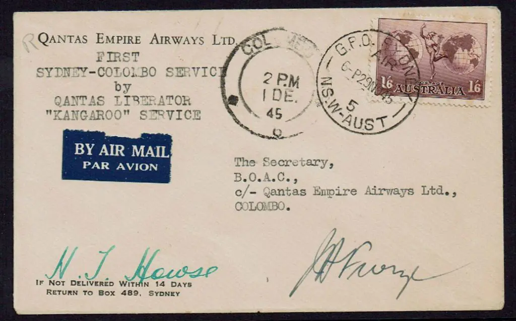 1945 (30th Nov) Australia to Ceylon Qantas env ... Image 1++