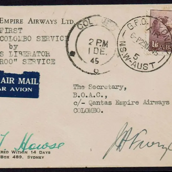 1945 (30th Nov) Australia to Ceylon Qantas env ...