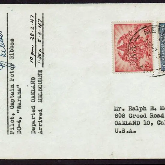 1947 (28th Feb) Oakland, U.S.A. to Melbourne on ...