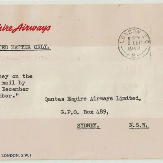 1949 (6th Dec) "Inward from London to Sydney on ...