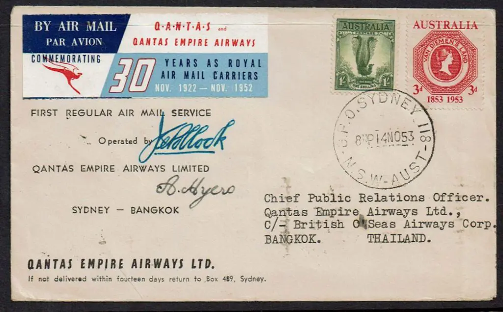 1953 (14th Nov) Sydney to Bangkok Qantas printed ... Image 1++