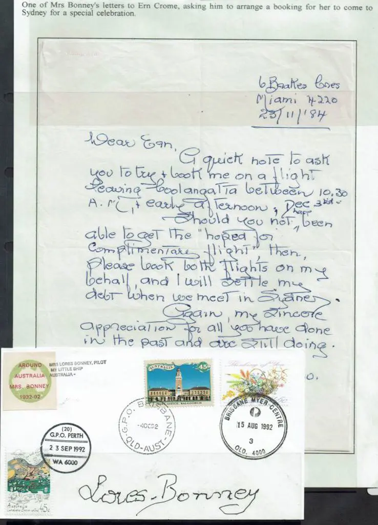 1984 (23rd Nov) Letter from pilot Lores Bonney to ... Image 1++