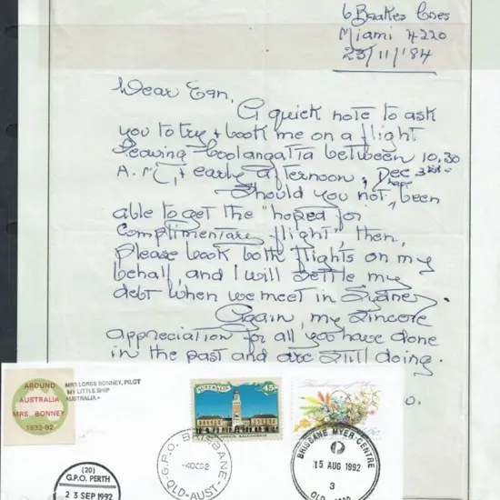 1984 (23rd Nov) Letter from pilot Lores Bonney to ...