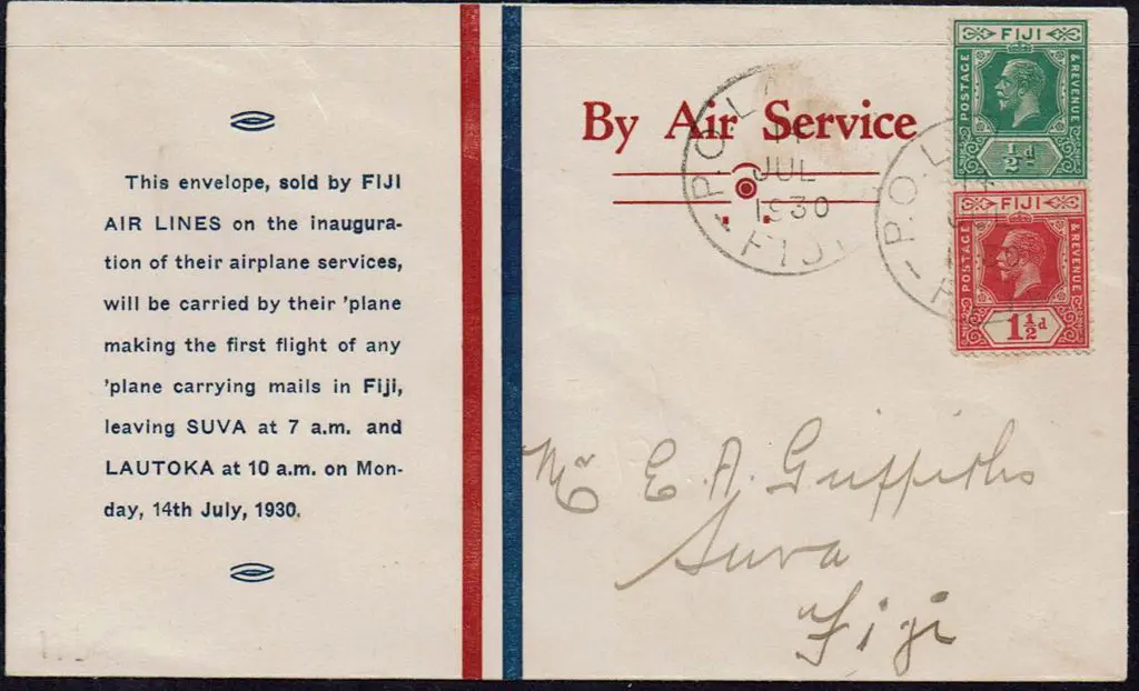1930 (14th July) Labasa to Suva printed Fiji Air ... Image 1++